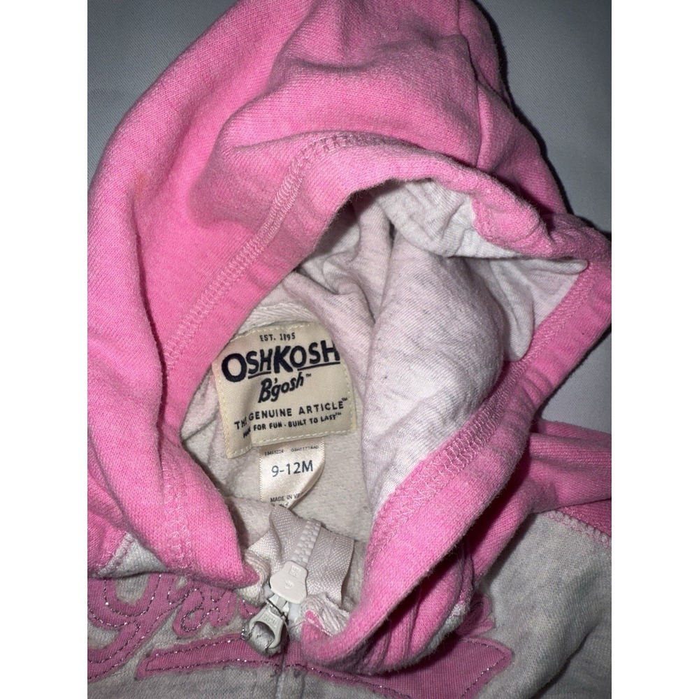 OshKosh B'gosh Baby Girls Zip Hoodie Pink Gray Size 9-12 Months Logo Sweatshirt - Picture 3 of 3